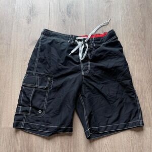 Mens Black Board Shorts Swim Trunks Size M 32-34 Cargo Pocket Drawstring